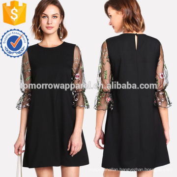 Botanical Embroidery Mesh Flounce Sleeve Dress Manufacture Wholesale Fashion Women Apparel (TA3161D)